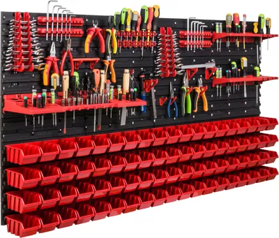 Obrázek produktu pro Skladovací systém Dílenské regály | 156 x 78 cm | 76 ks. Box | Nástěnný regál s držáky na nářadí a stohovatelnými boxy - Nástěnné desky Extra silné regály s přihrádkami Nástěnná deska s otvory pro nářadí Skladovací regál Garážový regál