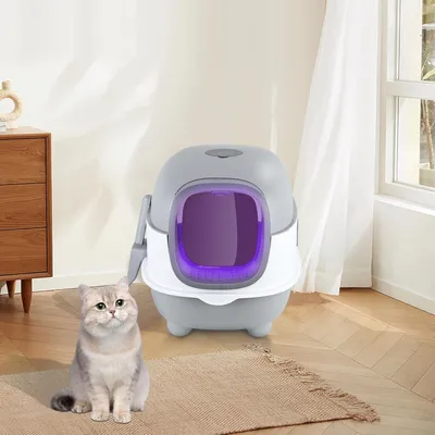 Produktbild von Geschlossene Katzentoilette 40x39x56 cm mit Schaufel, herausnehmbarer Schale, UV-Desinfektion, grau