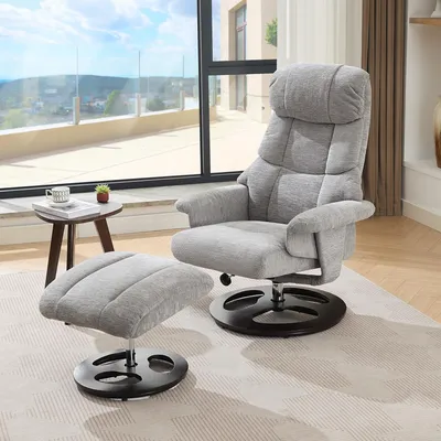 Produktbild von STILVORA Massagesessel Relaxsessel mit Wärmefunktion und Fünf-Punkt-Massage,Liegestuhl mit Liegefunktion und Hocker,360° drehbar aus Chenille,Grau
