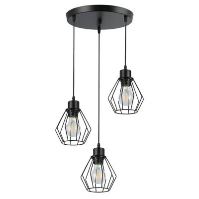 A black, three-light pendant lamp with a wire cage design.