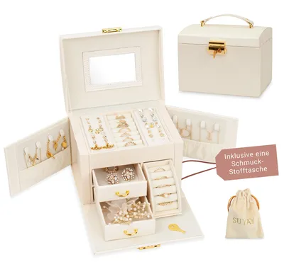 Produktbild von SUYAY Schmuckkästchen für Damen und Mädchen, Schmuckaufbewahrung mit Jewelry Bag, Schmuck Organizer abschließbarer, mit Spiegel in Weiß/Perle