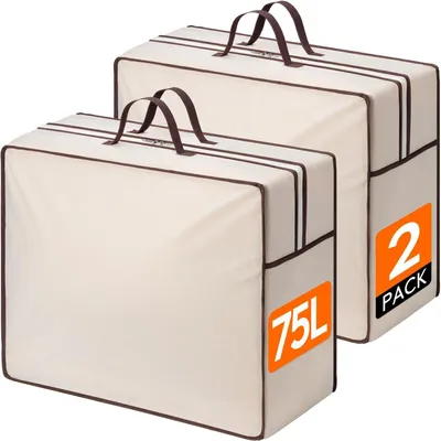 Productafbeelding van 75 l opbergtas met versterkte handgrepen - Set van 2 - Opbergkleding - Ademend - Kussens - Beddengoed en dekens