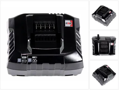 A black and gray battery charger is shown from multiple angles against a white background.