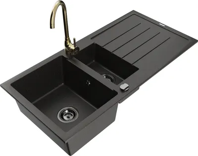 Produktbild von Mexen Andres 1,5-Becken-Granitspüle mit Abtropffläche und Mischbatterie Telma, Schwarz/Gold - 6515-75-670200-50-B