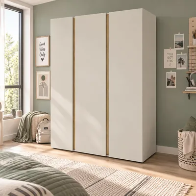 Produktbild von Jugendzimmer Kleiderschrank 145 cm breit in Beige mit Eiche, 3 Türen, 2 Kleiderstangen - LAUKA-133