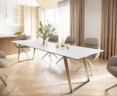 Produktbild von DELIFE Esstisch Edge 300x100 Keramik Laminam® Statuarietto Weiß Edelstahl Schräg