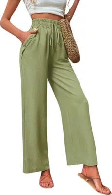 Produktbild von ASKSA Damen Hose Hohe Taille Weitem Bein Einfarbig Freizeithose Tunnelzug Leicht Sommerhose Mit Taschen (Hellgruen,L)