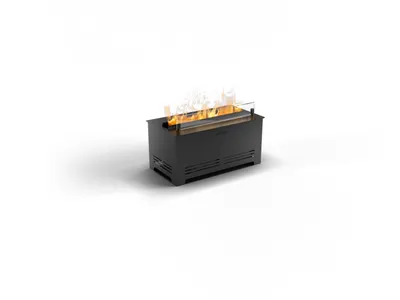 A black fireplace with flames and a glass barrier on a white background.