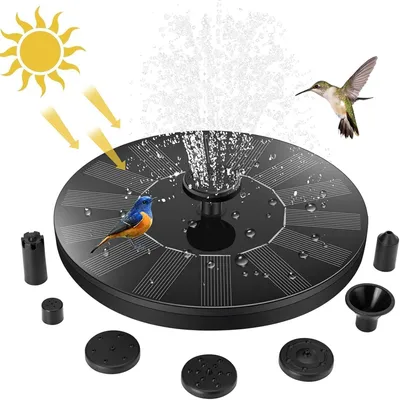 A solar-powered fountain with birds and sun illustration.
