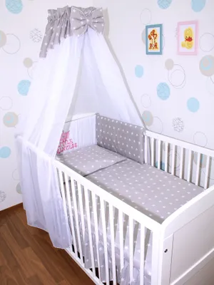 Produktbild von Primawela Baby Bettwäsche Set mit Applikation- 6 teiliges Set mit Chiffon Himmel Bettset Nestchen- 7.Princess-Sterne auf Grau