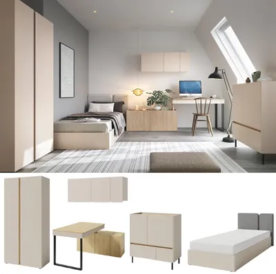 Produktbild von Jugendzimmer Kinderzimmer komplett Laris Set A Schrank 2-türig Schreibtisch Bett 90x200 - Sandbeige / Eiche geölt