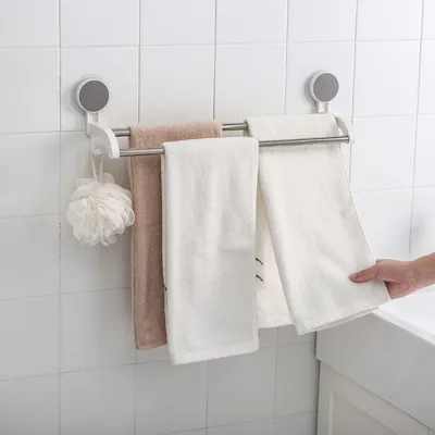 Produktbild von CRELIV - Handtuchhalter, Doppelhandtuchhalter» Badaccessoires, einfache & schnelle Montage durch Saugnäpfe mit Klebestoff (OHNE Bohren!)« Mit 2 Haken, 2 Edelstahl Stange von 48,5cm lang - für Badezimmer & Küche