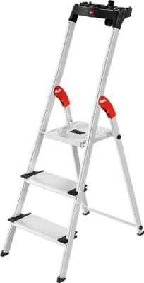 Produktbild von Hailo L80 ComfortLine Alu Sicherheits-Stehleiter - klappbare Leiter mit 3 XXL Stufen und Ablageschale - Arbeitshöhe bis 263 cm - Gewicht 3,6 kg - Silber