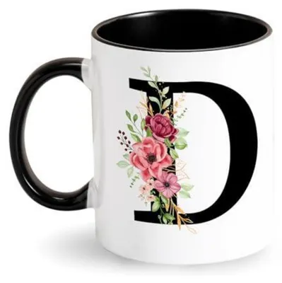 Zdjęcie produktu dla Filiżanka ceramiczna z literą i kwiatami, filiżanka do kawy z inicjałami, czarna, 350 ml