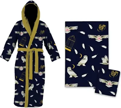Produktbild von Harry Potter Hogwarts 3 tlg Set Kinder Bademantel Handtuch Handschuh – Blau / 122/128