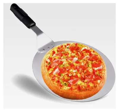 Produktbild von Edelstahl Pizzaschaufel mit Kunststoffgriff, runder Pizzaschieber für Pizza, Gebäck, Teig, Brot und Kuchen 25,5 x 43 cm