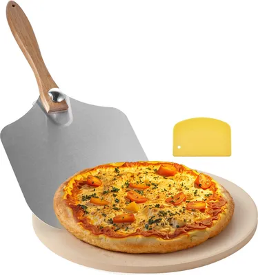 Obrázek produktu pro Pizza kámen - Cordieritová kamenná deska - 38 x 38 cm - tloušťka 1,7 cm - žáruvzdorný - pro troubu a gril - se škrabkou a lopatkou na pizzu - čtvercový
