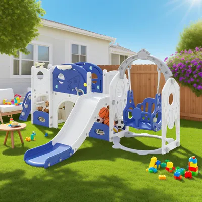Produktbild von QEENTOE 7-in-1 Kinderrutsche für Kleinkinder, Multifunktionales Spielset mit Schaukel, Rutsche, Basketballkorb, Tunnel, Stauraum, Kletterleiter