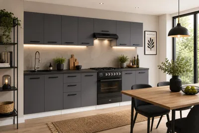 Produktbild von ULWEHOME | Küchenzeile 320 cm Anthrazit, Küchenmöbel-Set Grafit mit Spülenschrank, 3-Schubladen-Unterschrank & geteilten Arbeitsplatten 180 cm, KI-generiertes Bild