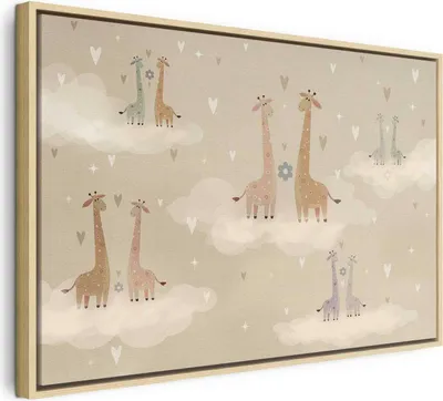 Produktbild von Italienischer Leinwand Leinwandbild - Love - Colorful Giraffes Floating on Clouds Among Hearts and Stars 60x40 cm Für Kinder e-A-10135-b-a