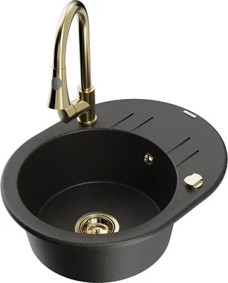 Produktbild von Mexen Kevin 1 Becken-Granitspüle mit Abtropffläche und Mischbatterie Elia, Schwarz/Gold metallisch - 6517-75-670101-50