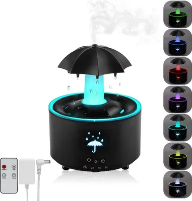 Produktbild von Kreativer Regenschirm-Luftbefeuchter mit 7-Farben-LED, 300 ml Aroma-Diffusor, rotierendem Schirm, Fernbedienung und Timer, Schwarz