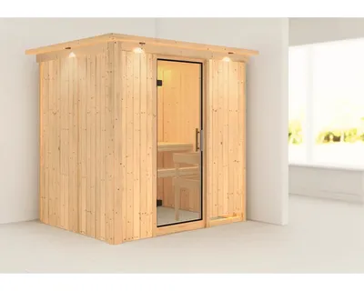 Produktbild von Plug & Play Sauna Karibu Wanja ohne Ofen mit Dachkranz und Ganzglastüre aus Klarglas