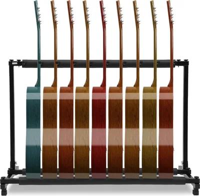 A rack of acoustic guitars in various colors, displayed against a white background.