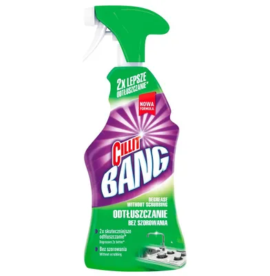 A spray bottle of Cillit Bang cleaning product against a white background.