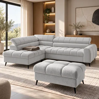 Produktbild von Beautysofa Sofa Set VINNI Ecksofa mit Hocker, Ecksofa Schlaffunktion und Bettkasten, verstellbare Kopfstützen, Chenille Hellgrau, Ottomane links