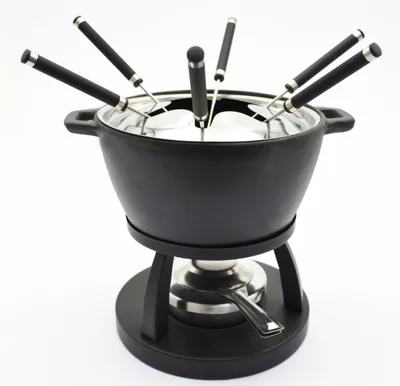 Fondue-Set für 6 Personen, Gusseisen, schwarz, mit Rechaud und 6 Gabeln