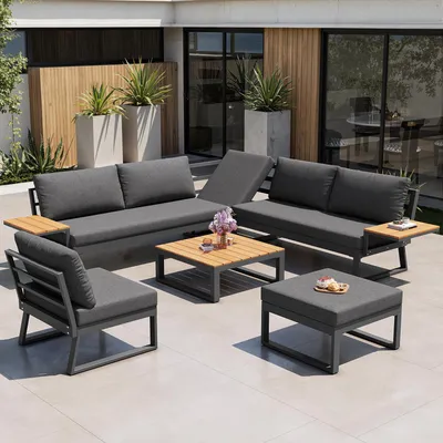 Produktbild von Merax L-Form Gartenmöbel Set 7 Personen, Wetterfeste Gartenlounge mit Holztisch, Eisen Ecksofa, Sessel & Hocker, Essgruppe für Terrasse, Balkon, Grau