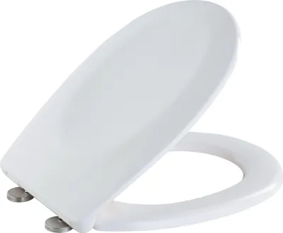 A white toilet seat with a soft-close lid, shown from a slightly elevated front-left angle against a white background.