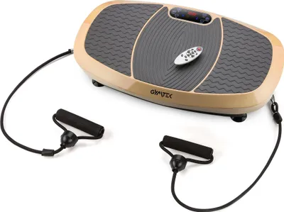 A vibration plate fitness machine with two resistance bands and a remote control, shown from a diagonal angle on a white background.