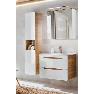 Produktbild von Badezimmerset in Hochglanz weiß mit Wotan Eiche Nb. LUTON-56 Keramik-Waschtisch und Spiegelschrank B/H/T ca. 131/195/46 cm
