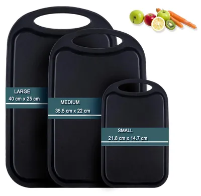 Produktbild von Schneidebrett-Set, 3-teilig, mit Saftrillen und rutschfesten Griffen, antibakterielles Frühstücksbrett, Kunststoff, schwarz, BPA-frei, spülmaschinenfest
