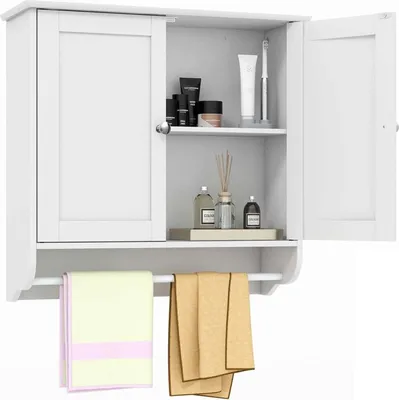 Produktbild von Badezimmer Hängeschrank - Wandschrank mit Handtuchhalter - 60 x 21 x 61 cm - Wandmontage - Holzrahmen, Formplatte - Weiß