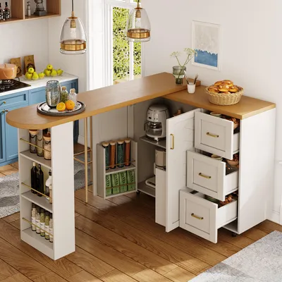 Immagine prodotto di Carrello bar allungabile Flieks con 2 ante e 3 cassetti, con rotelle; tavolo da bar con piano in finitura effetto legno; carrello di servizio 135-228 x 39 x 104 cm, bianco