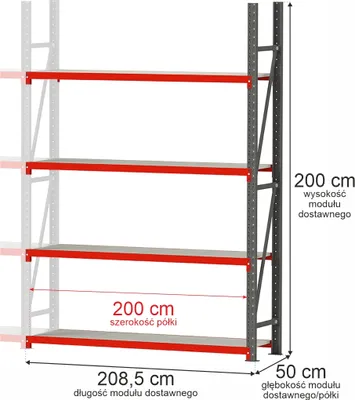 Zdjęcie produktu dla Regał metalowy magazynowy warsztatowy 4-półkowy Mega-M FORTIS 208,5x50x200 cm moduł dostawny 1400kg