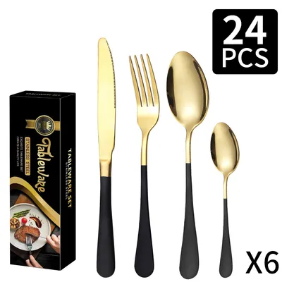 Imagen del producto de Juego de cubiertos de 24 piezas de acero inoxidable, que incluye cuchillos, tenedores y cucharas, en color dorado