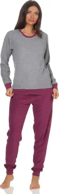 Produktbild von Damen langarm Frottee Pyjama Schlafanzug mit Bündchen und Zierspruch und Herzmotiv ; grau-melange , 40/42
