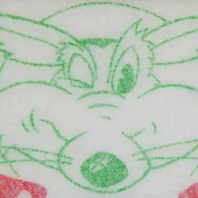 A close-up drawing of a cartoon rabbit's face.