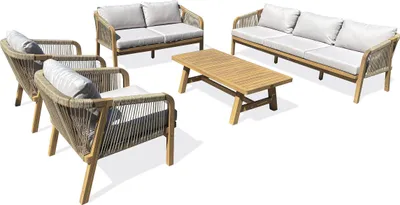 Image de Salon de jardin bas 7 places en bois d' et corde tissée