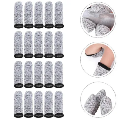 Collage of finger cots, some shown on a hand and near a knife.