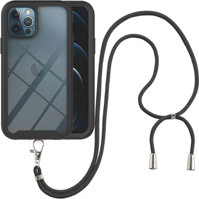 Produktbild von iPhone 12 / 12 Pro Handykette Hülle, Transparente TPU Bumper Ganzkörper Schutzhülle mit Kordel zum Umhängen Necklace Schlüsselband für iPhone 12 / iPhone 12 Pro Schwarz
