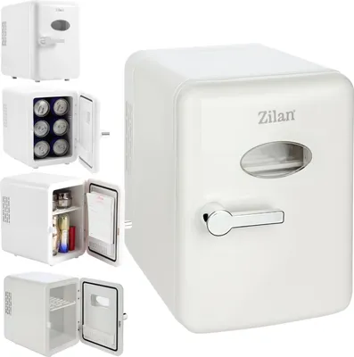 A collage of images showing a white mini refrigerator from different angles and with the door open, displaying its interior.