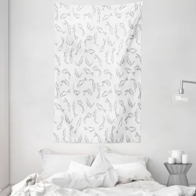 Produktbild von ABAKUHAUS Grau und Weiß Wandteppich und Tagesdecke, Marine Thema Fische aus Weiches Mikrofaser Stoff Waschbar ohne Verblassen Digitaldruck, 140 x 230 cm, Grau weiß