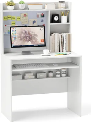 Produktbild von COSTWAY biurko komputerowe małe z magnetyczną tablicą korkową, blatem, półką na klawiaturę i regulowaną półką, biurko 89x50x138cm białe