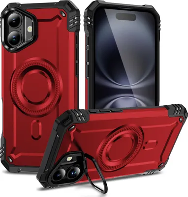 Produktbild von Magnetisch Hülle für iPhone 16, Heavy Duty Militärischer Stoßfest Handyhülle Kamera-Ringständer Rot