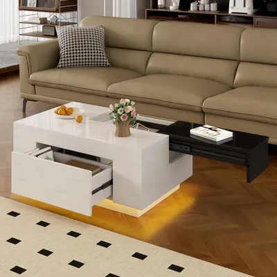 Produktbild von okwish Hochglanz-Couchtisch Colorblock-Kaffeetisch mit 16-farbe LED-Beleuchtung und ausziehbarer Tischplatte,Wohnzimmertisch mit verstecktem Stauraum,Weiß